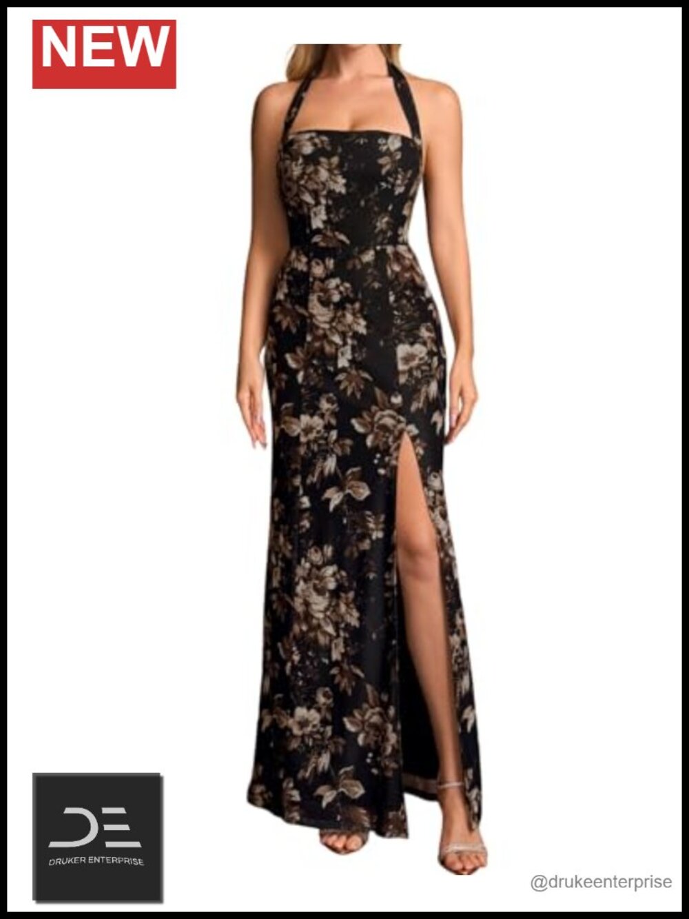 Floral Halter Maxi Bodycon Dress High Slit Backless Formal Wedding Guest